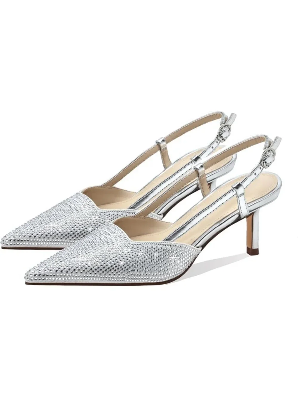 Women's Silver Slingback Closed Pointed Toe Low Heels Dress Shoes Back Strap